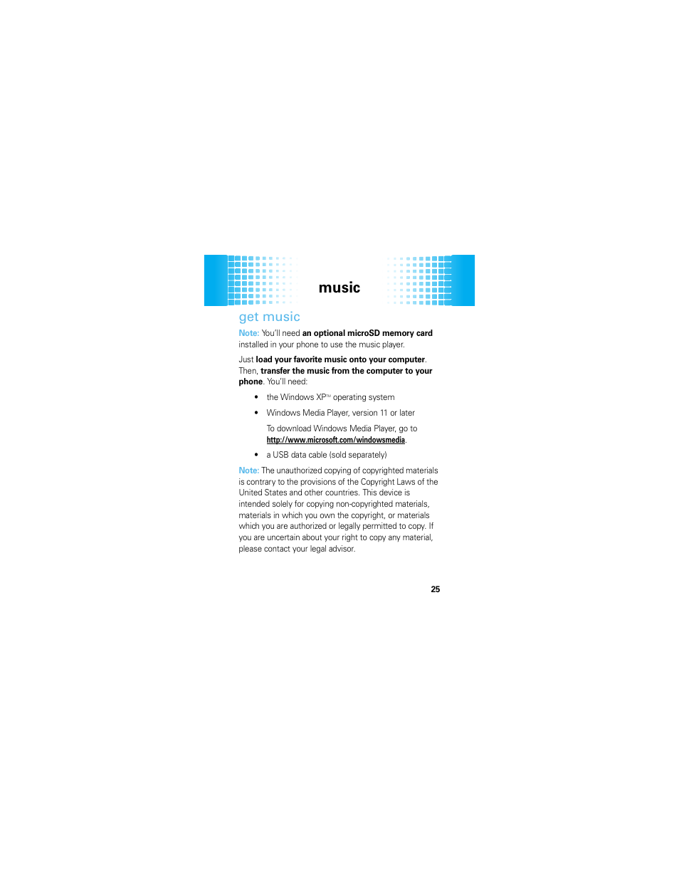 Music, Get music | Motorola HINT QA30 User Manual | Page 27 / 48