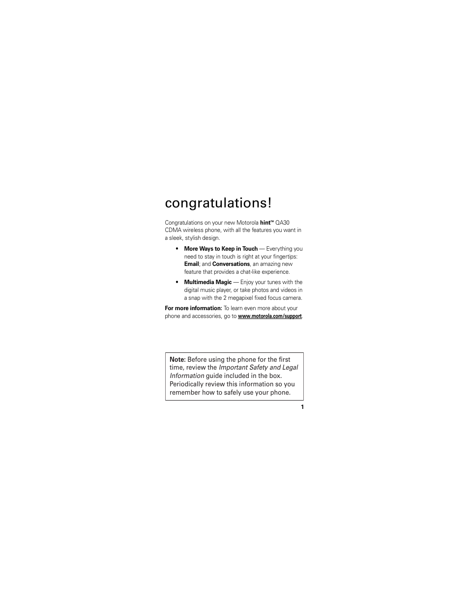 Congratulations | Motorola HINT QA30 User Manual | Page 3 / 48