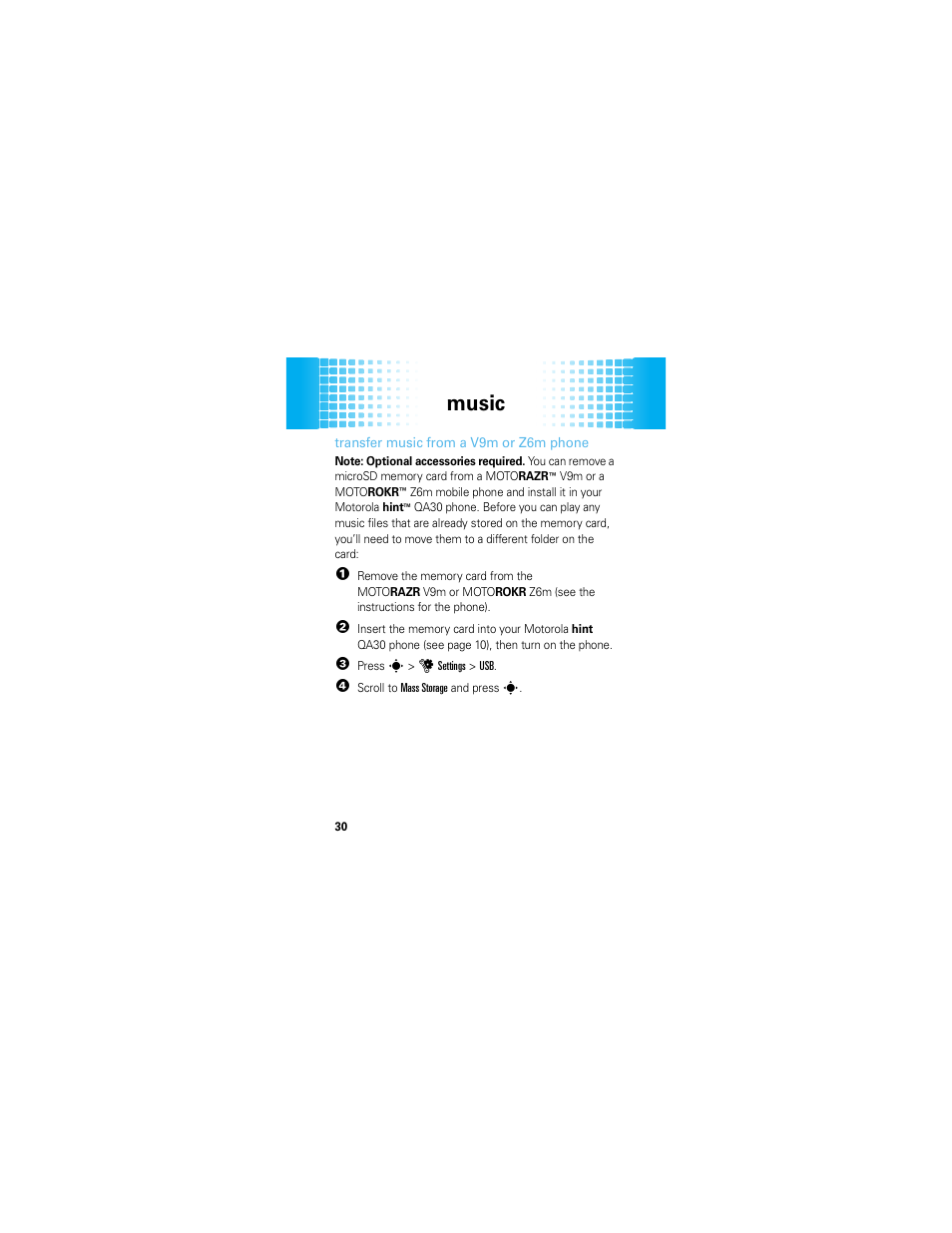 Music | Motorola HINT QA30 User Manual | Page 32 / 48