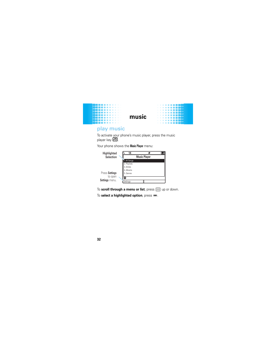 Play music, Music | Motorola HINT QA30 User Manual | Page 34 / 48