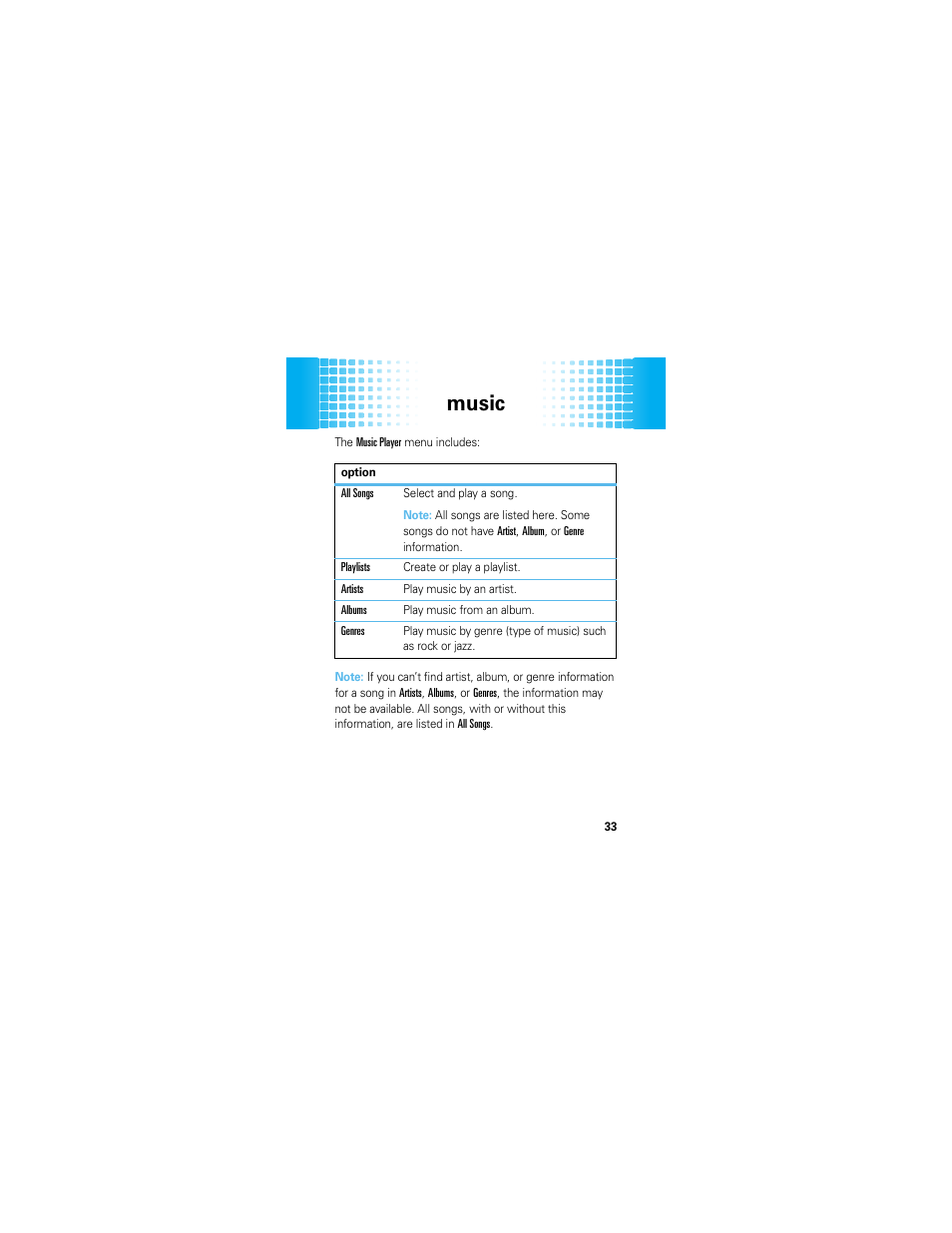 Music | Motorola HINT QA30 User Manual | Page 35 / 48