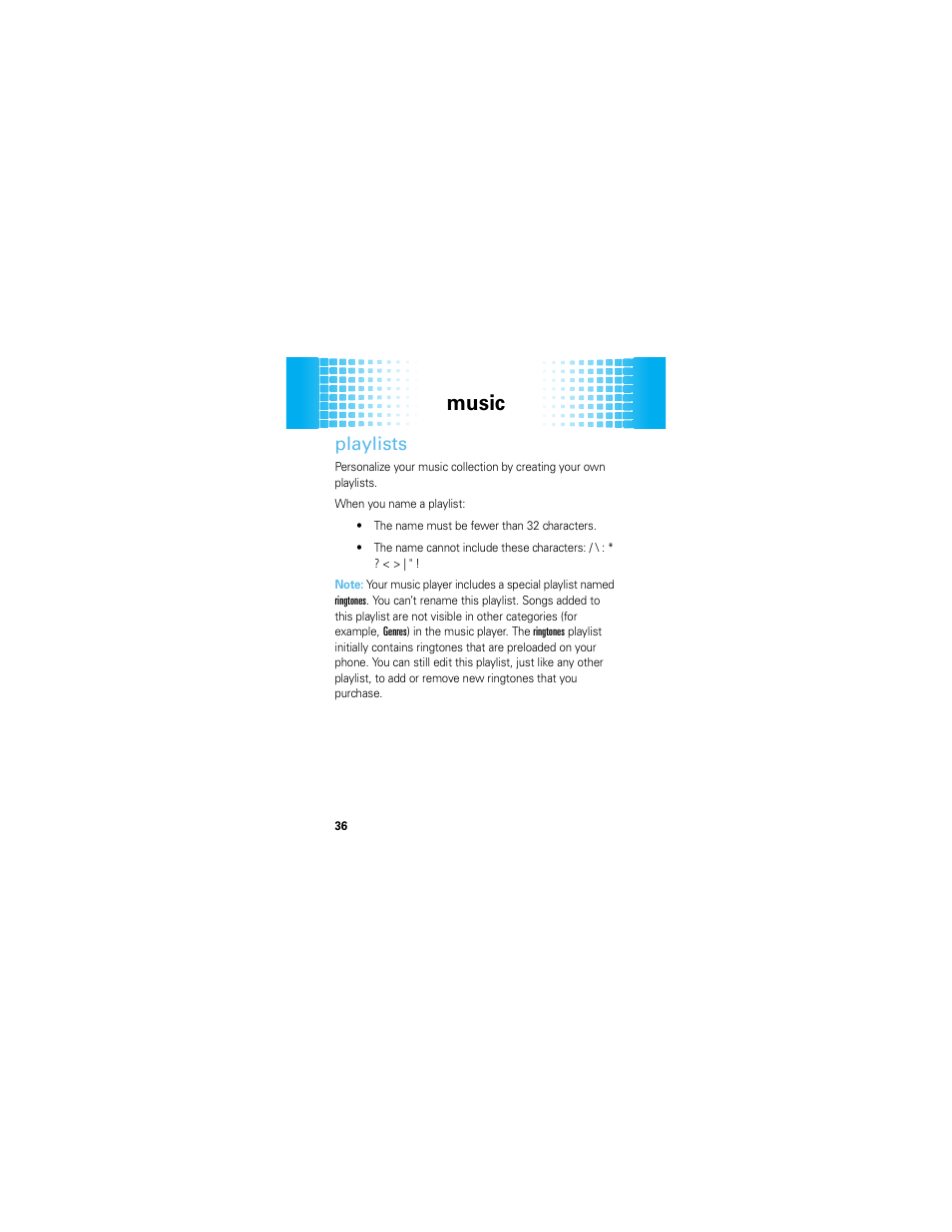 Playlists, Music | Motorola HINT QA30 User Manual | Page 38 / 48