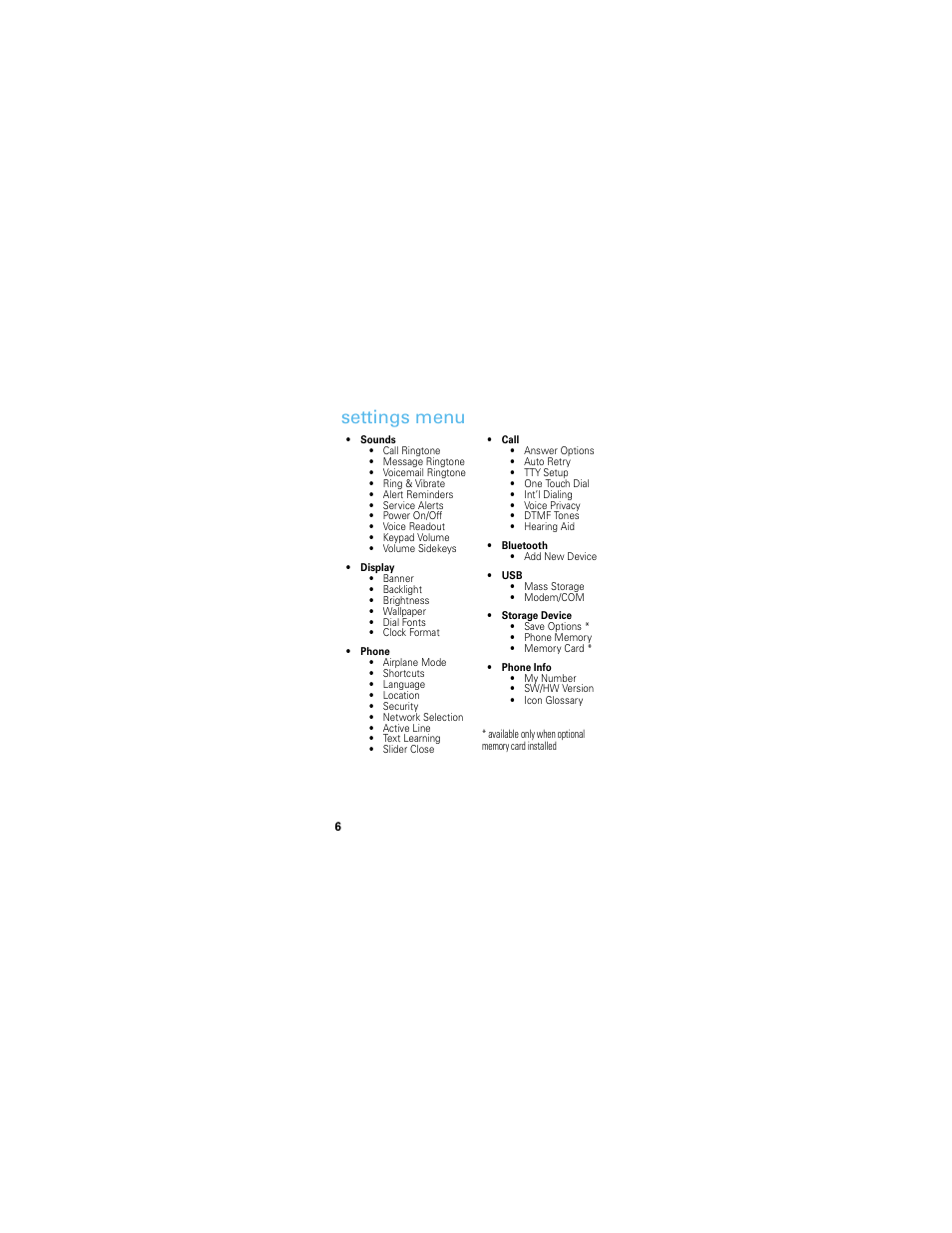 Settings menu | Motorola HINT QA30 User Manual | Page 8 / 48