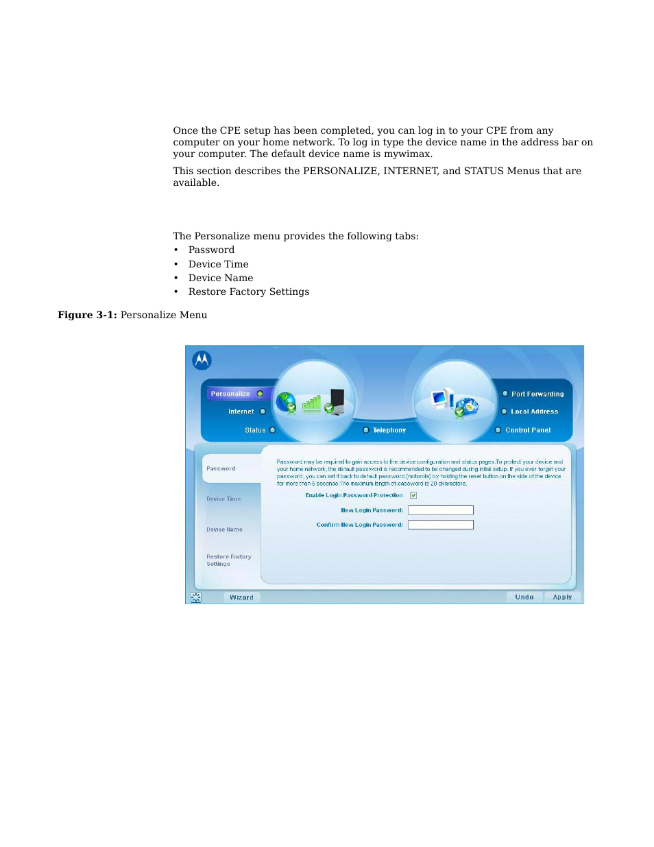 Chapter 3: basic configuration, Personalize menu -1, Personalize menu | Motorola CPEI 750 User Manual | Page 14 / 50