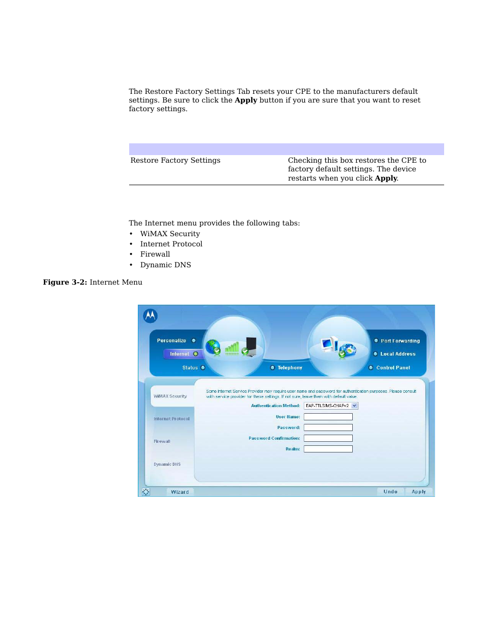 Restore factory settings tab -3 internet menu -3, Restore factory settings tab, Internet menu | Motorola CPEI 750 User Manual | Page 16 / 50