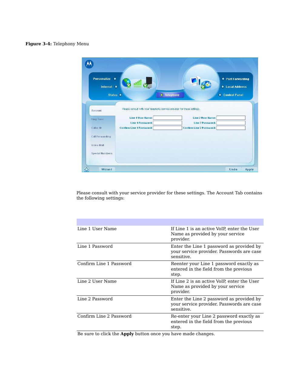 Account tab | Motorola CPEI 750 User Manual | Page 20 / 50