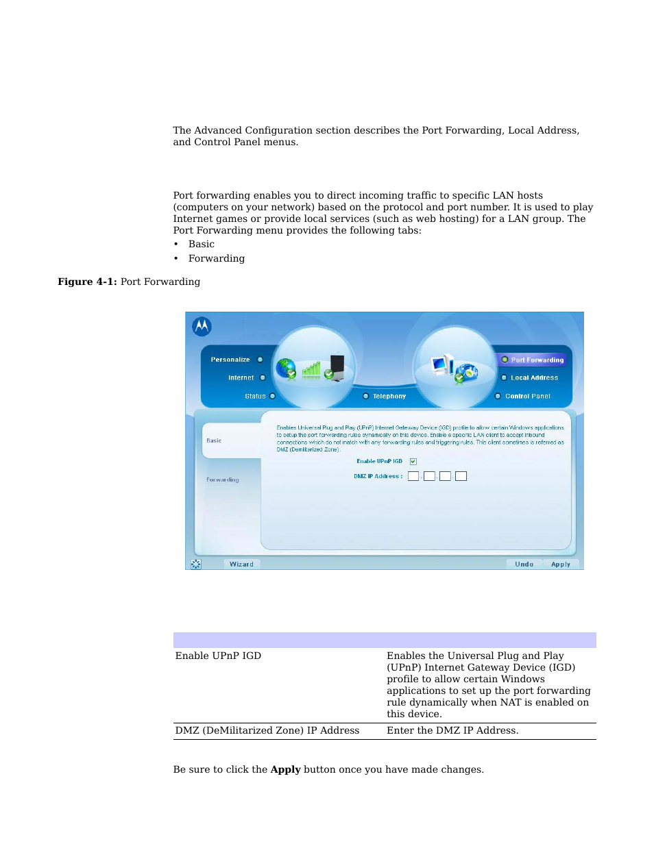 Chapter 4: advanced configuration, Port forwarding menu -1, Port forwarding menu | Motorola CPEI 750 User Manual | Page 26 / 50