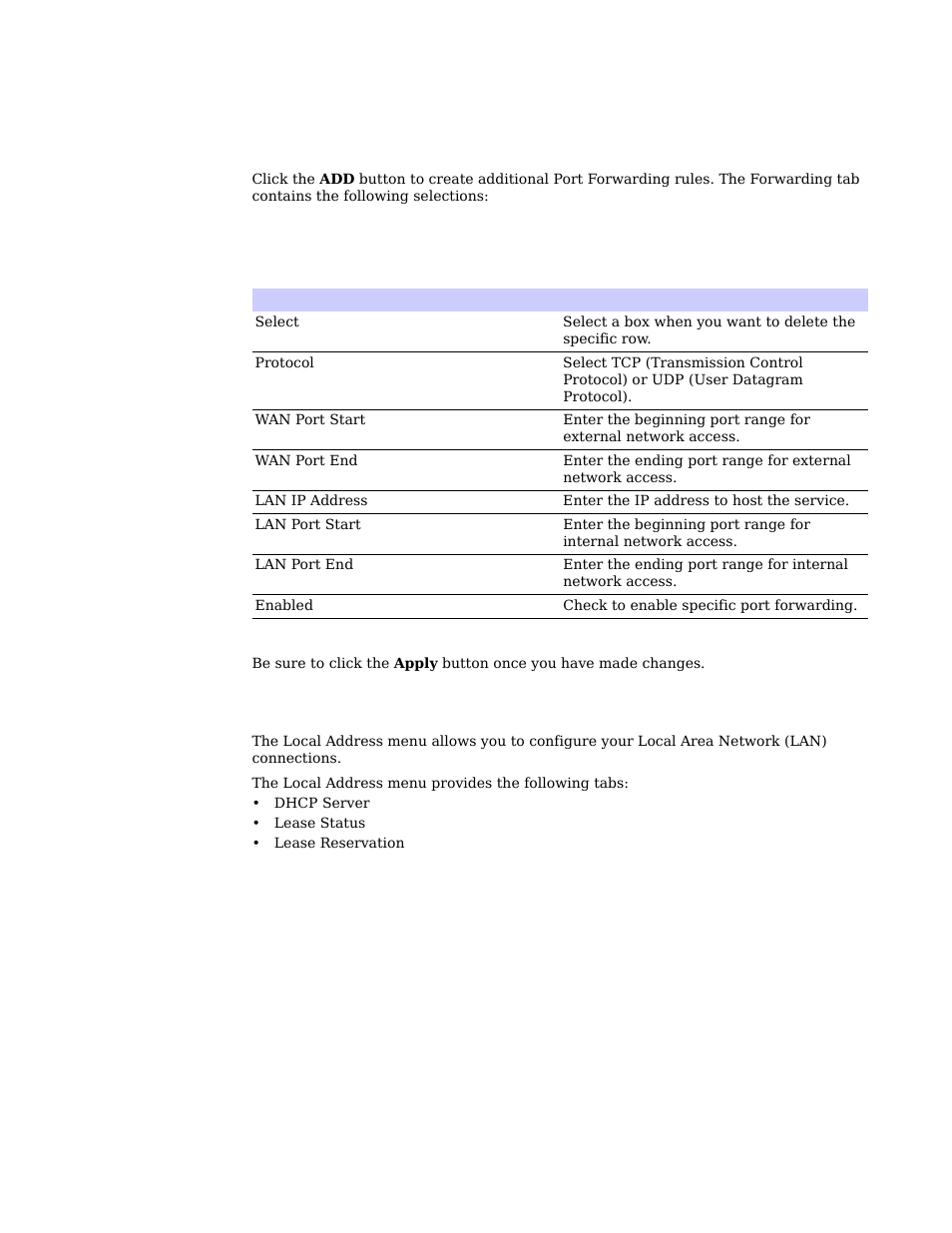 Forwarding tab -2 local address menu -2, Forwarding tab, Local address menu | Motorola CPEI 750 User Manual | Page 27 / 50