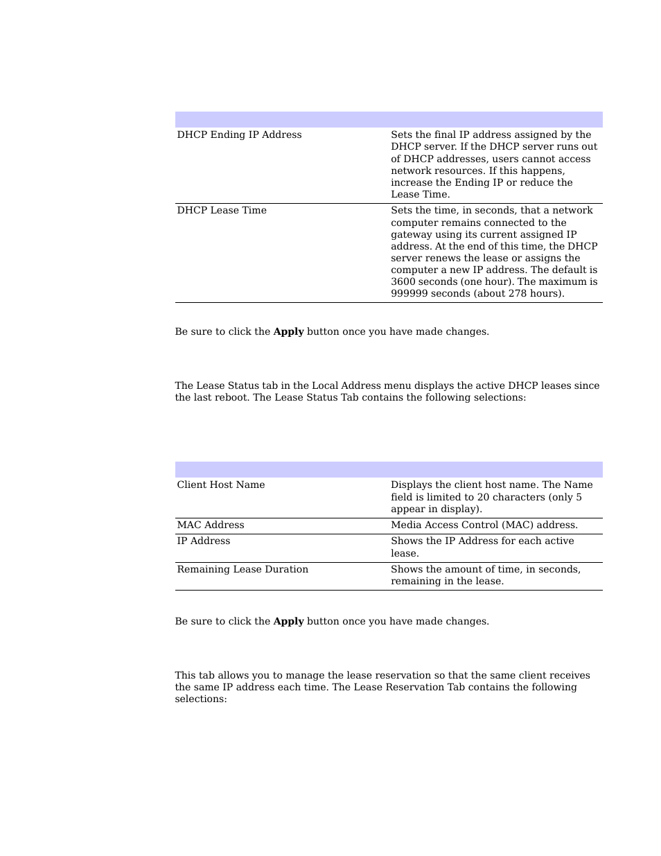 Lease status tab -4 lease reservation tab -4, Lease status tab, Lease reservation tab | Motorola CPEI 750 User Manual | Page 29 / 50