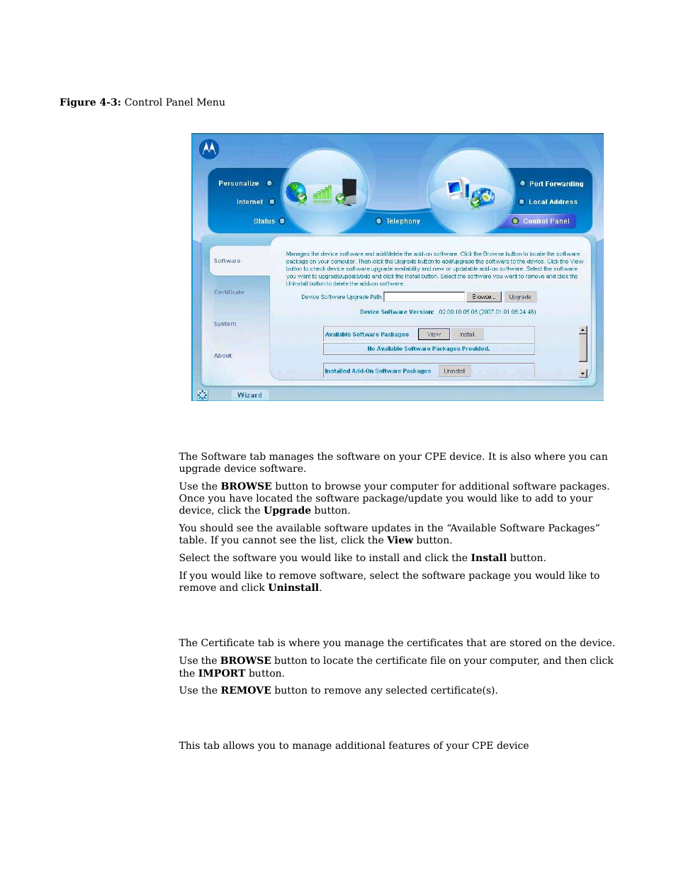 Software tab -6 certificate tab -6 system tab -6, Software tab, Certificate tab | System tab | Motorola CPEI 750 User Manual | Page 31 / 50