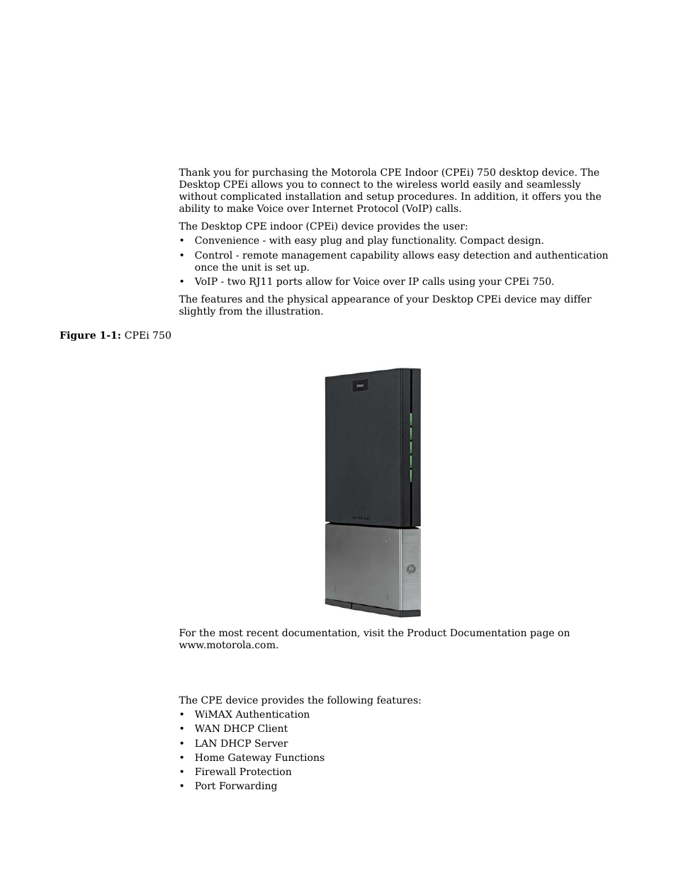 Chapter 1: desktop cpei 750 user guide, Overview -1 powerful features in a single unit -1, Overview | Powerful features in a single unit | Motorola CPEI 750 User Manual | Page 4 / 50