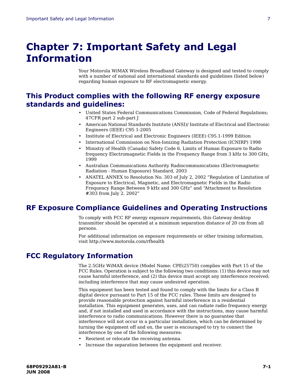 Chapter 7: important safety and legal information, Fcc regulatory information | Motorola CPEI 750 User Manual | Page 44 / 50