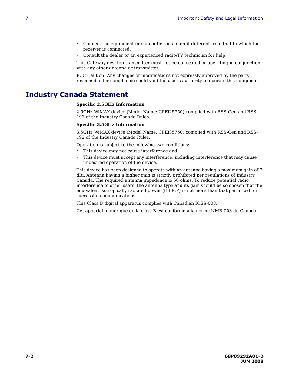 Industry canada statement -2, Industry canada statement | Motorola CPEI 750 User Manual | Page 45 / 50