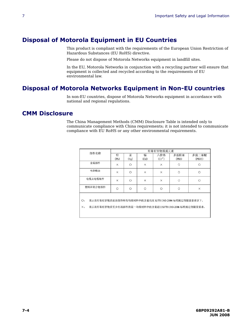 Cmm disclosure, Disposal of motorola equipment in eu countries | Motorola CPEI 750 User Manual | Page 47 / 50