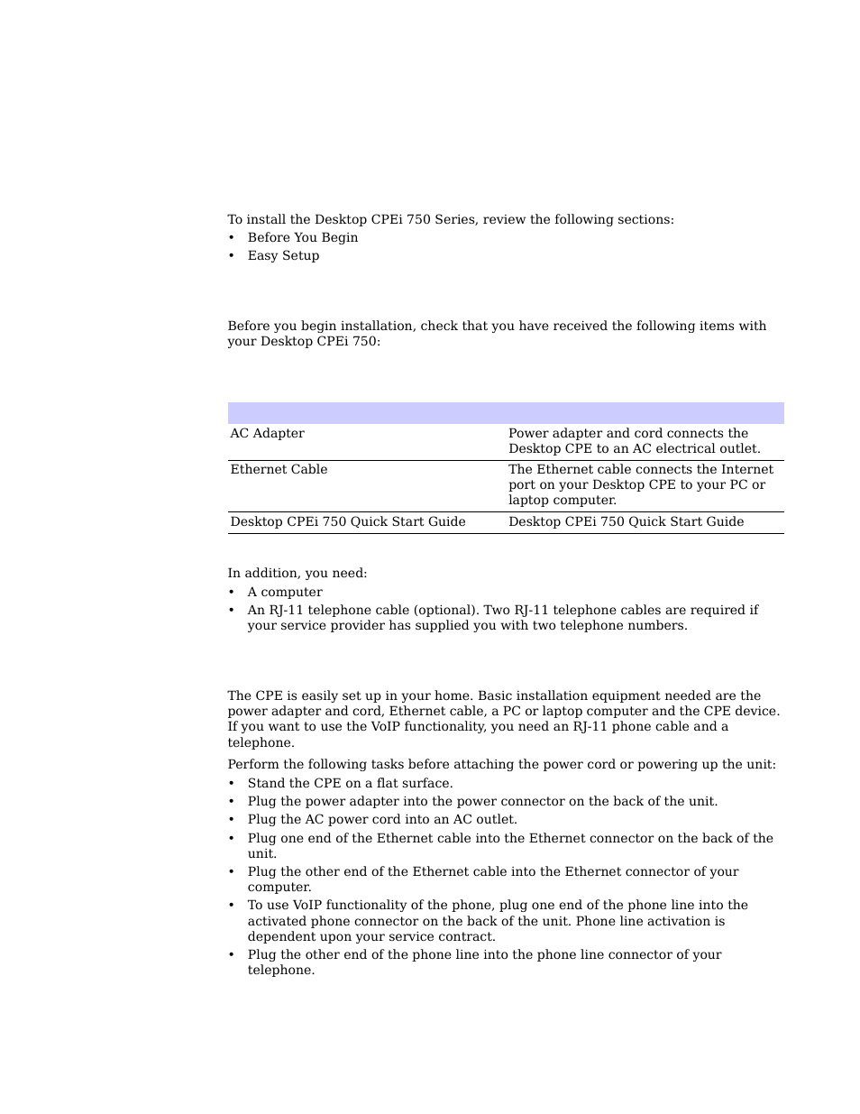 Chapter 2: installation, Overview -1 before you begin -1 easy setup -1, Overview | Before you begin, Easy setup | Motorola CPEI 750 User Manual | Page 8 / 50