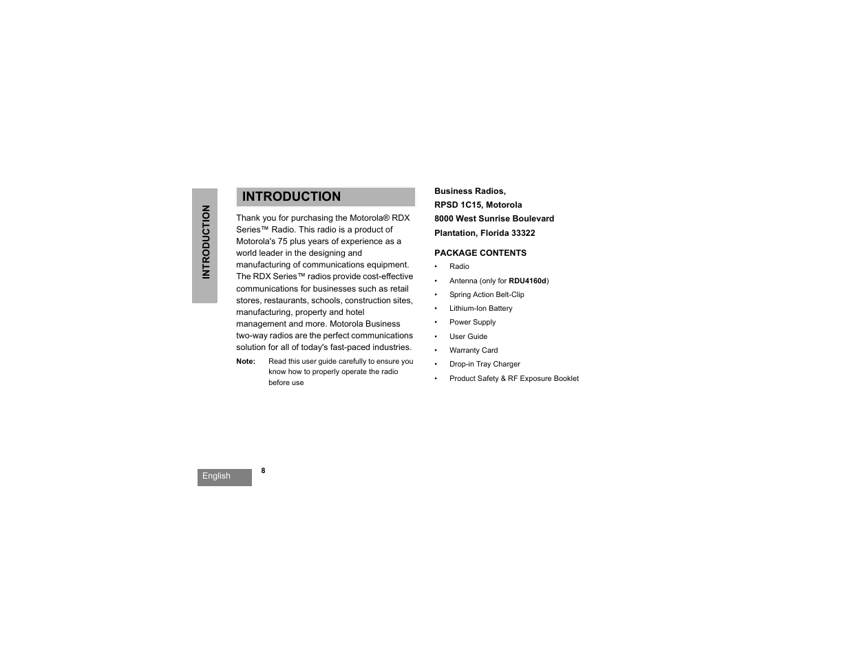 Introduction, Introduction package contents | Motorola RDU2080d User Manual | Page 10 / 105
