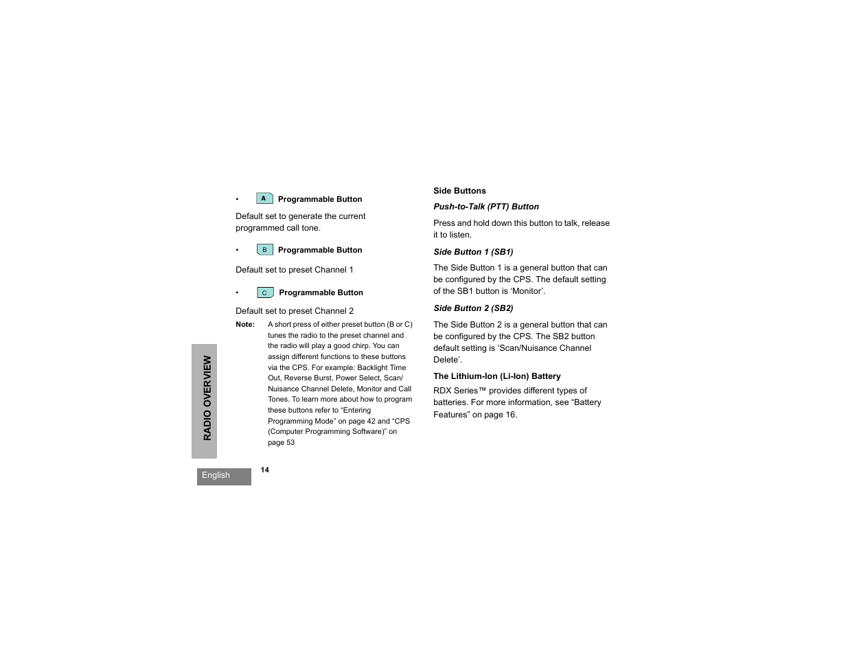 Side buttons the lithium-ion (li-ion) battery | Motorola RDU2080d User Manual | Page 16 / 105