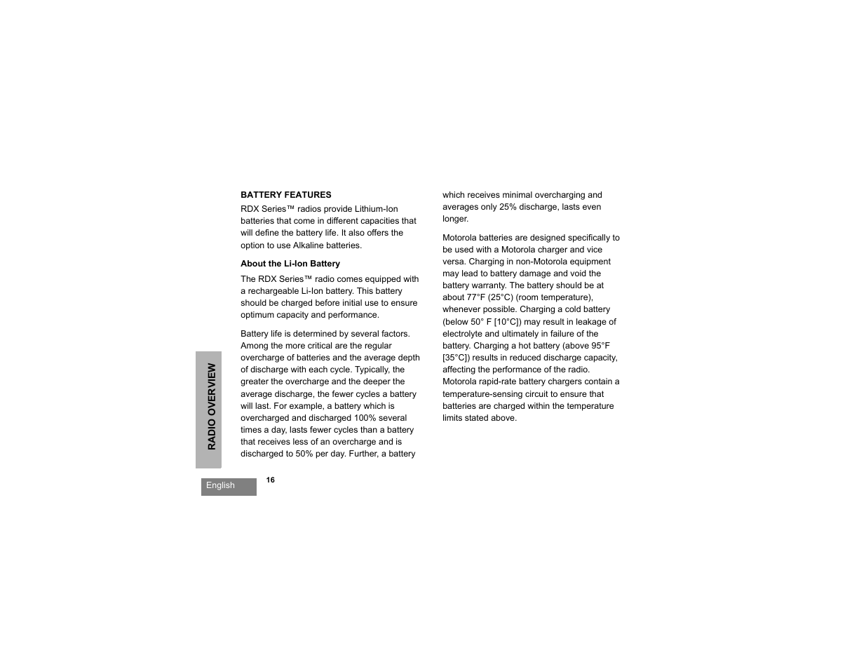 Battery features, About the li-ion battery | Motorola RDU2080d User Manual | Page 18 / 105