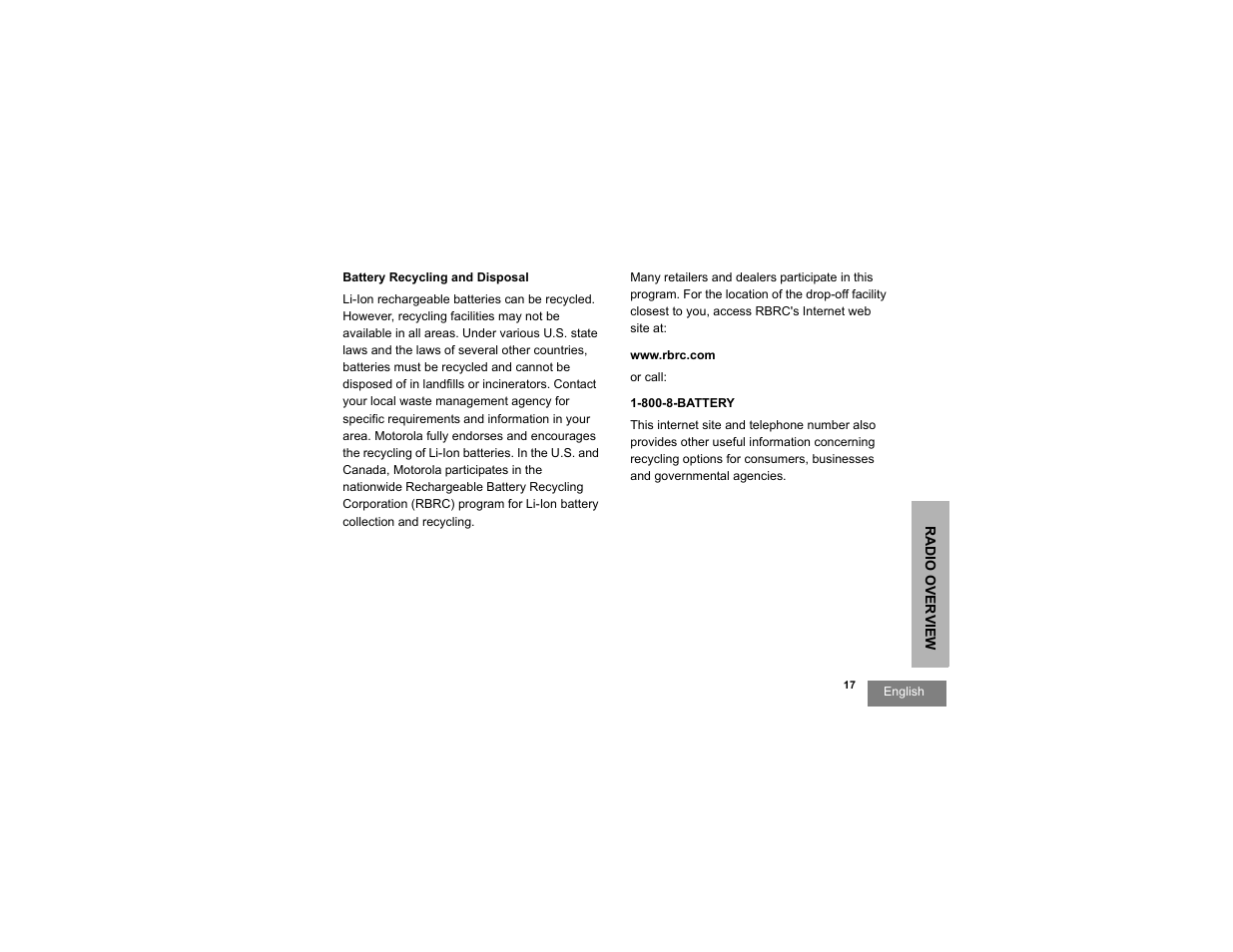 Battery recycling and disposal | Motorola RDU2080d User Manual | Page 19 / 105