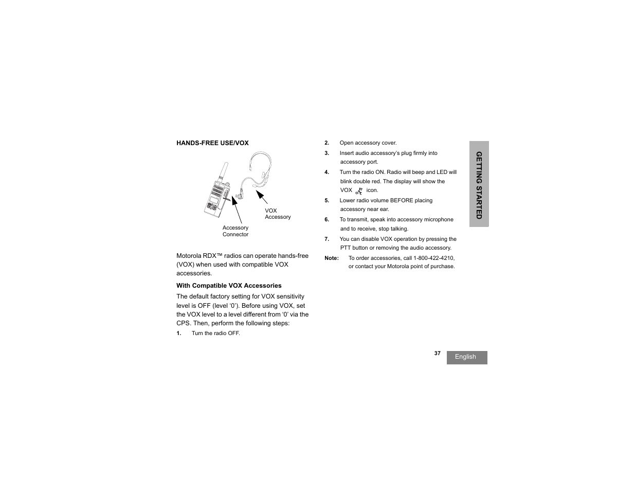 Hands-free use/vox, With compatible vox accessories | Motorola RDU2080d User Manual | Page 39 / 105