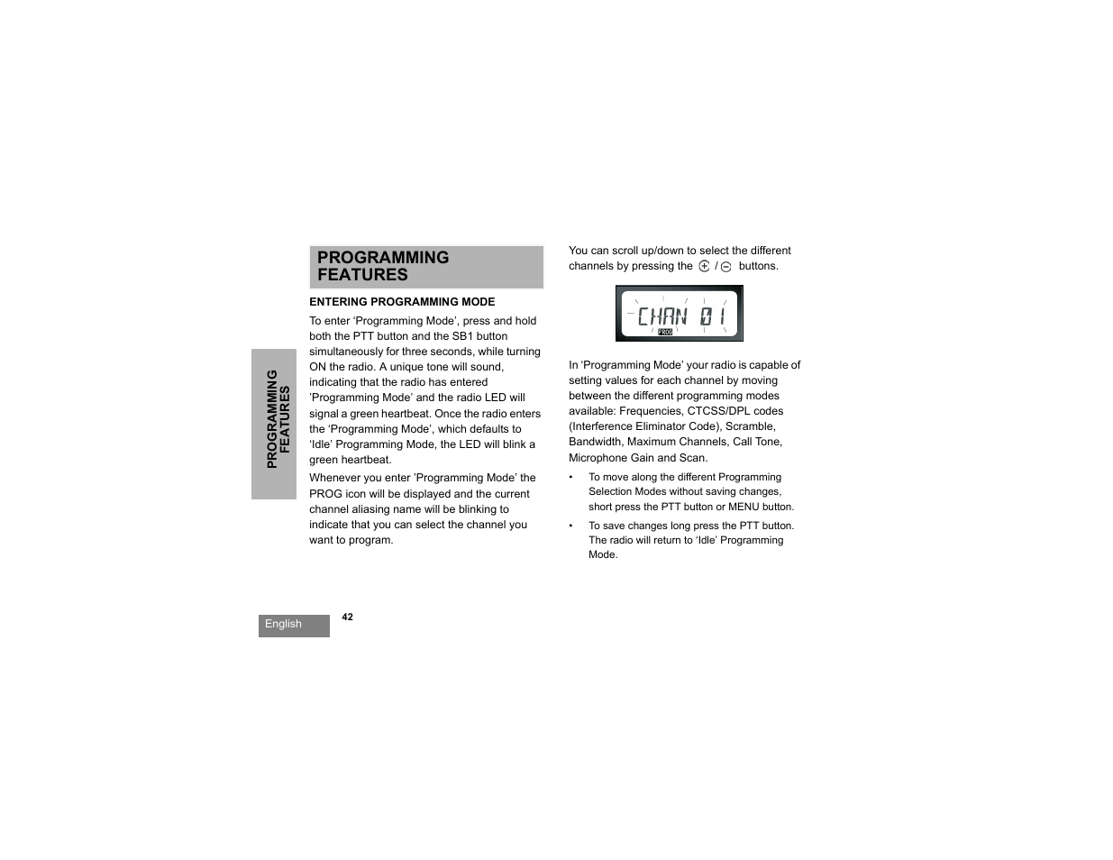 Programming features, Programming features entering programming mode | Motorola RDU2080d User Manual | Page 44 / 105