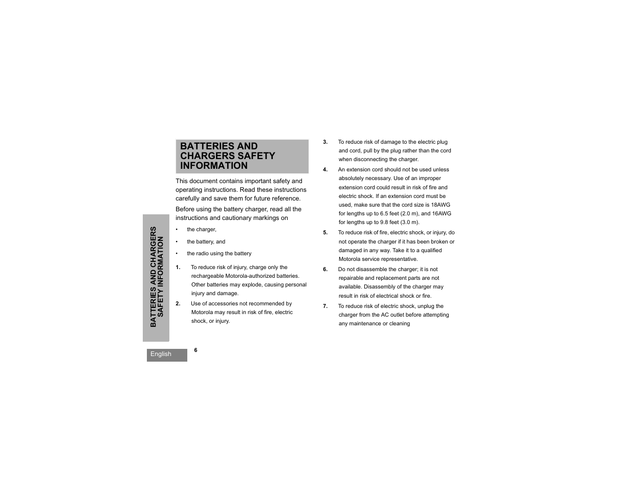 Batteries and chargers safety information | Motorola RDU2080d User Manual | Page 8 / 105