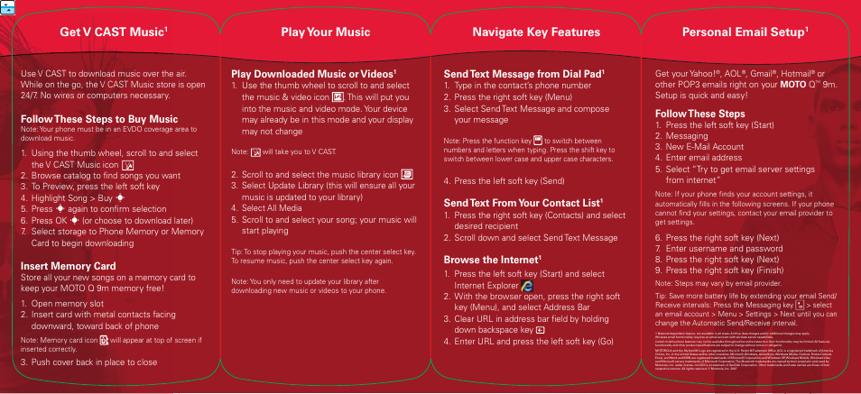 Get v cast music, Personal email setup, Navigate key features | Play your music, Follow these steps to buy music, Play downloaded music or videos, Send text message from dial pad, Send text from your contact list, Browse the internet, Follow these steps | Motorola 9M User Manual | Page 2 / 2