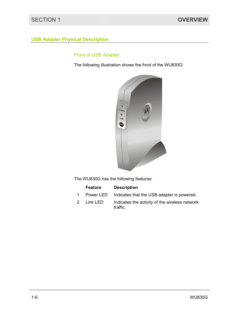 Usb adapter physical description, Front of usb adapter | Motorola WU830G User Manual | Page 11 / 59