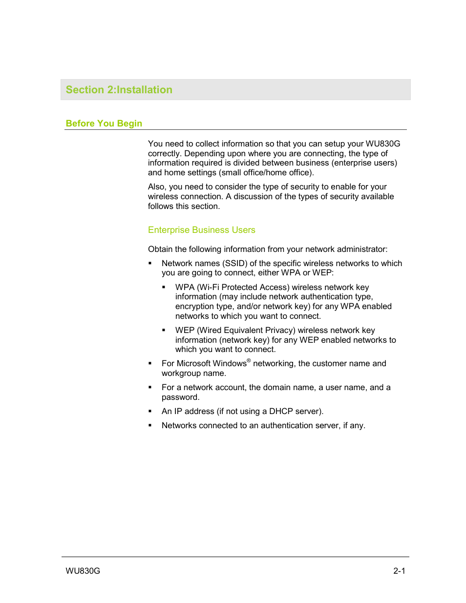 Section 2:installation, Before you begin, Enterprise business users | Motorola WU830G User Manual | Page 13 / 59