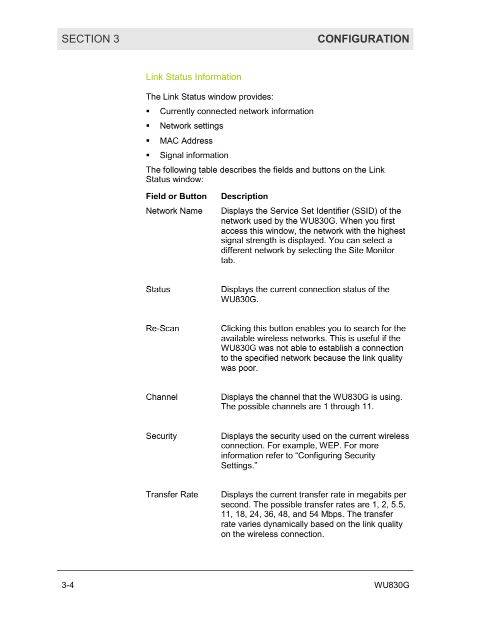 Link status information | Motorola WU830G User Manual | Page 21 / 59