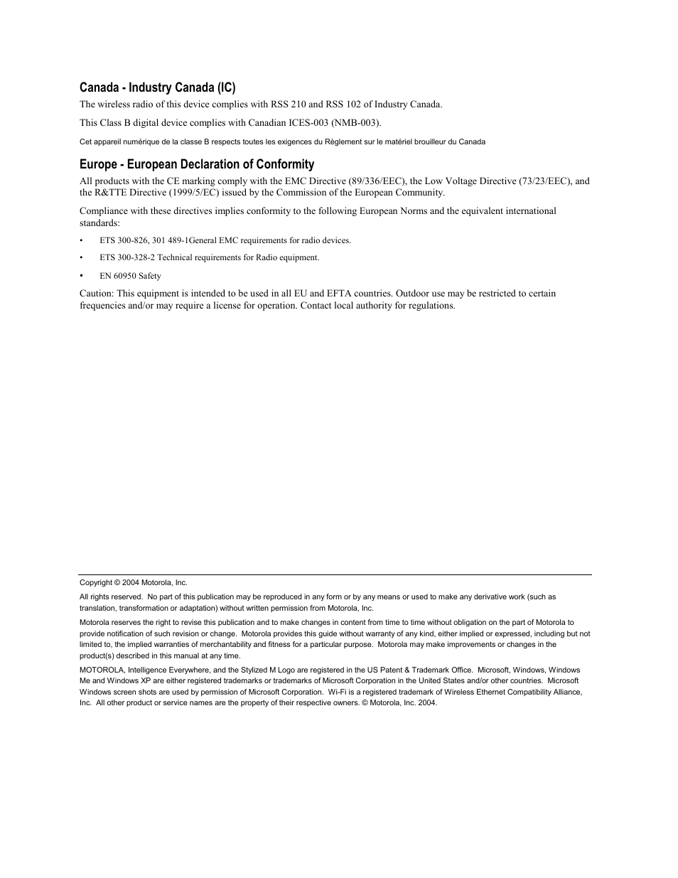 Canada - industry canada (ic), Europe - european declaration of conformity | Motorola WU830G User Manual | Page 3 / 59