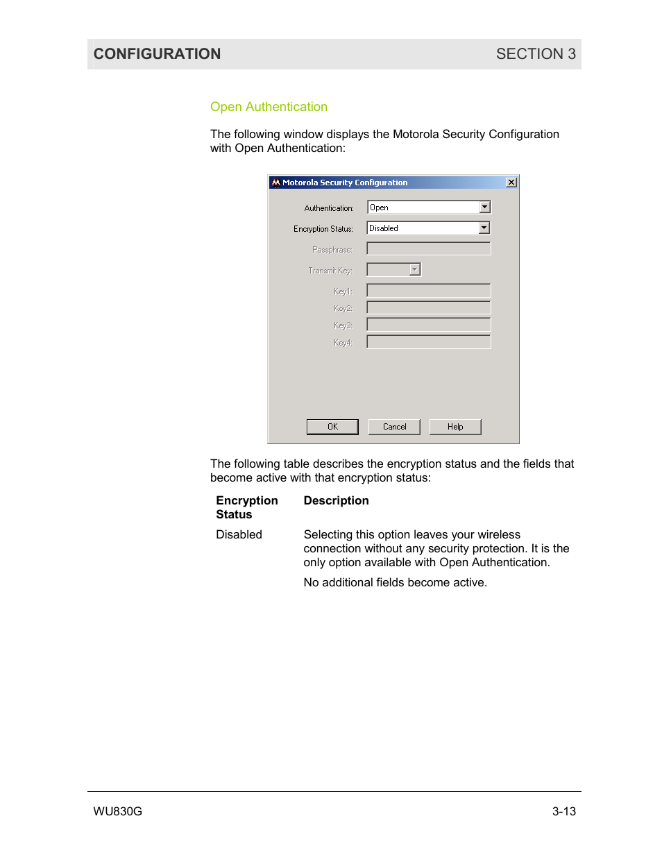 Open authentication | Motorola WU830G User Manual | Page 30 / 59