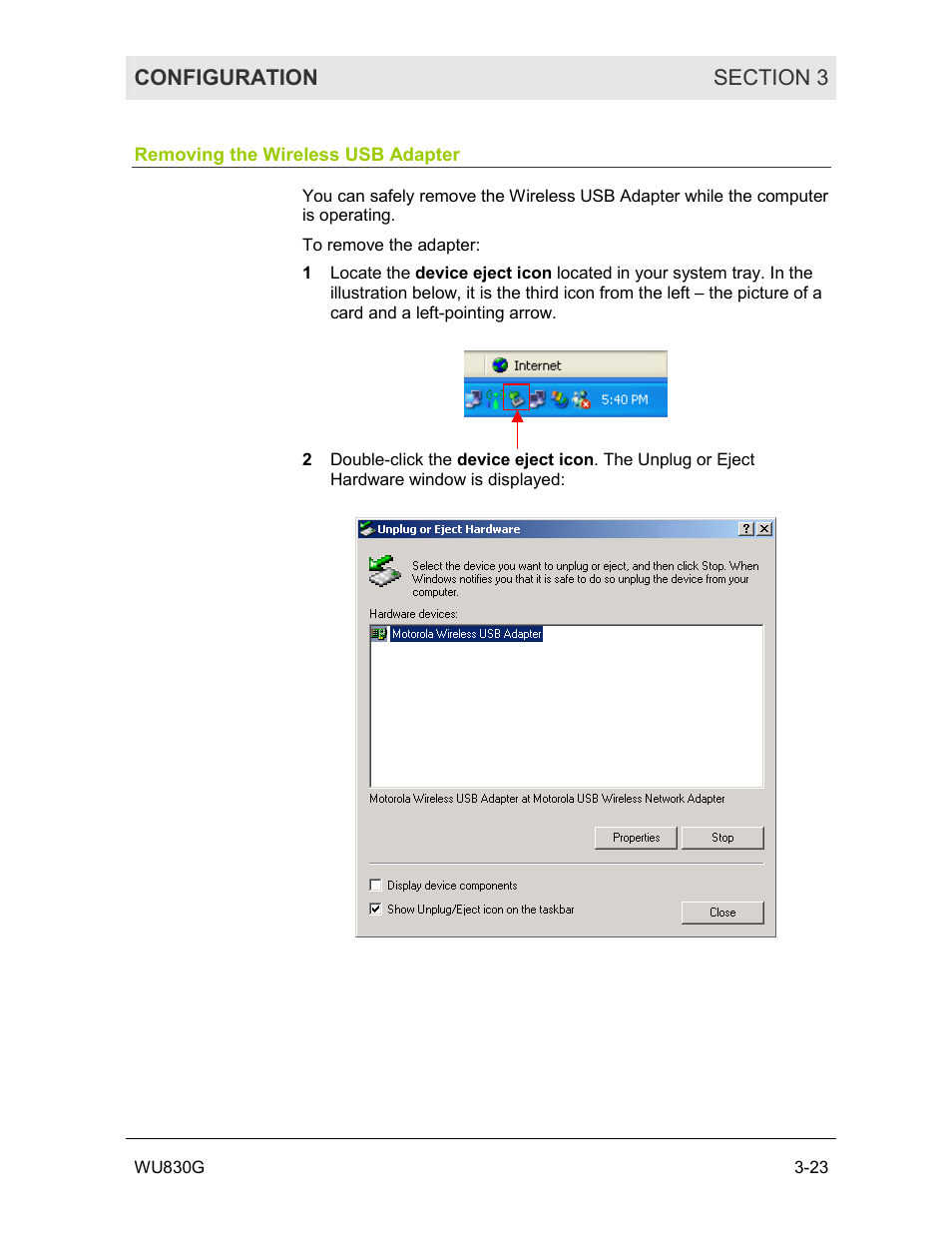 Removing the wireless usb adapter | Motorola WU830G User Manual | Page 40 / 59