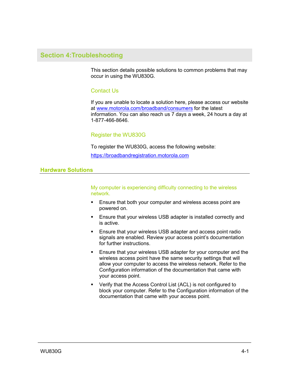 Section 4:troubleshooting, Contact us, Register the wu830g | Hardware solutions | Motorola WU830G User Manual | Page 42 / 59