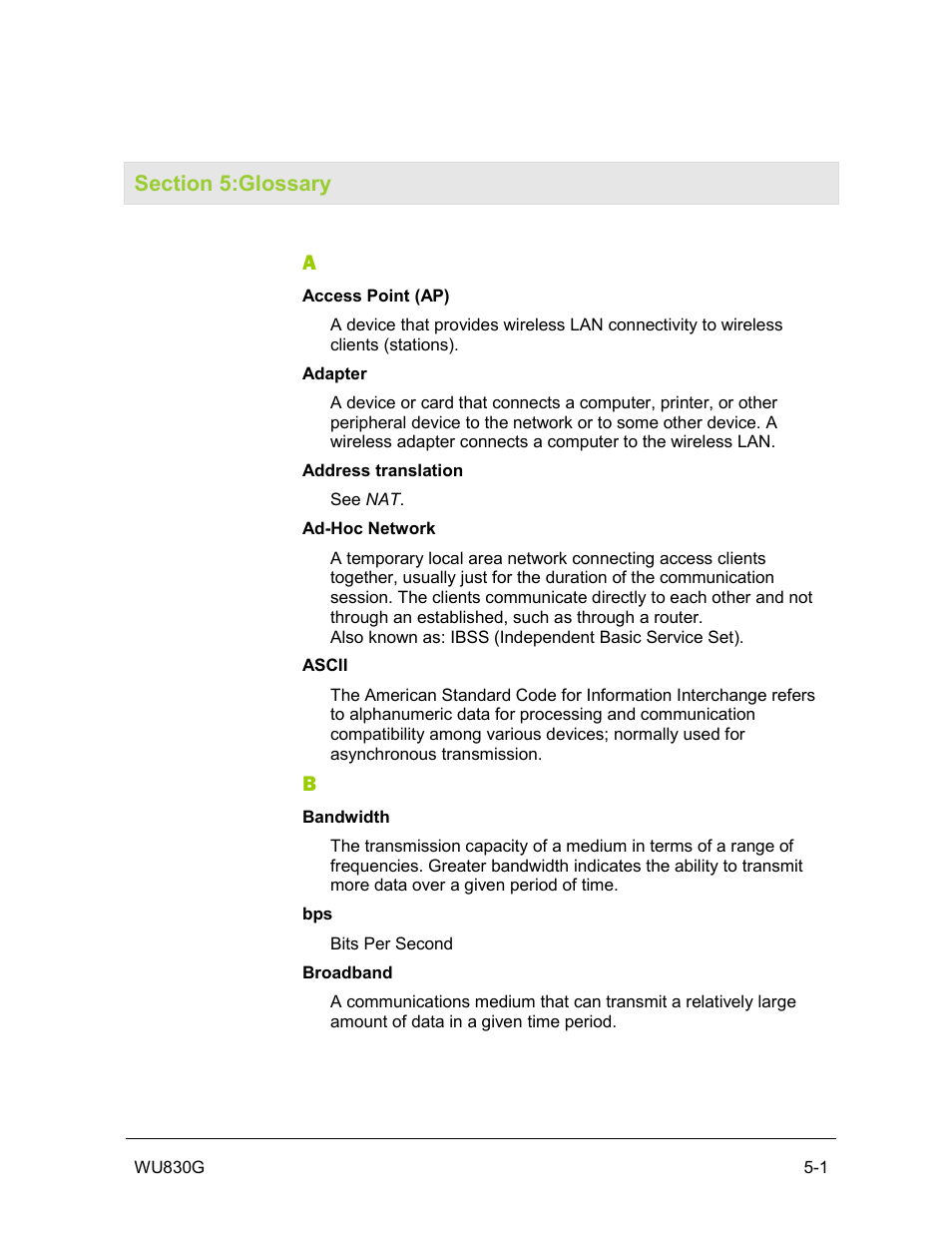 Section 5:glossary | Motorola WU830G User Manual | Page 45 / 59