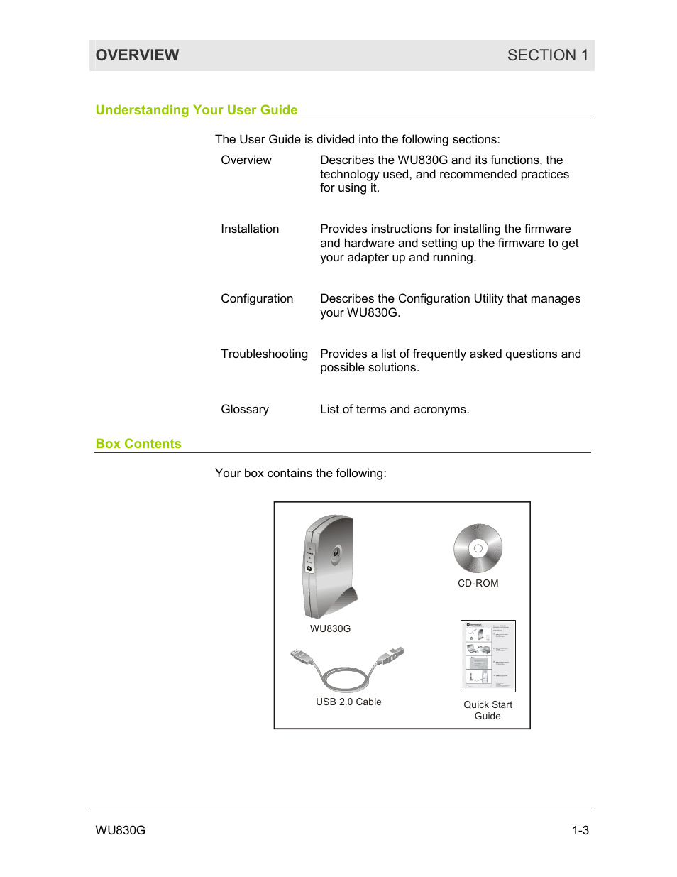 Understanding your user guide, Box contents | Motorola WU830G User Manual | Page 8 / 59