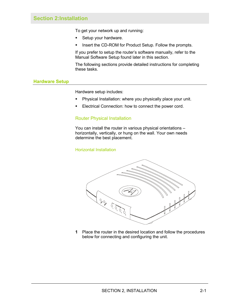 Section 2:installation, Hardware setup, Router physical installation | Horizontal installation | Motorola BR700 User Manual | Page 14 / 78