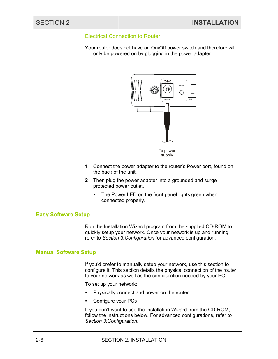 Electrical connection to router, Easy software setup, Manual software setup | Motorola BR700 User Manual | Page 19 / 78