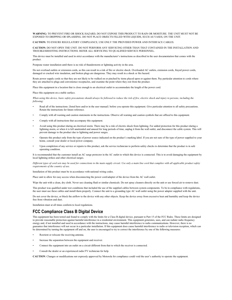 Fcc compliance class b digital device | Motorola BR700 User Manual | Page 2 / 78