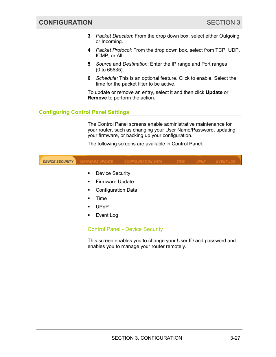 Configuring control panel settings, Control panel ˚ device security | Motorola BR700 User Manual | Page 58 / 78