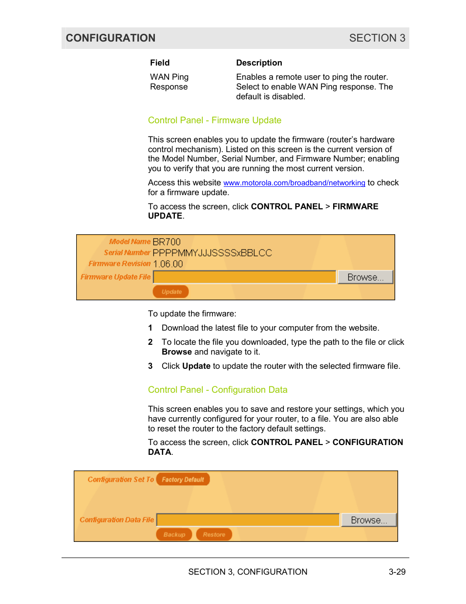 Control panel ˚ firmware update, Control panel ˚ configuration data | Motorola BR700 User Manual | Page 60 / 78