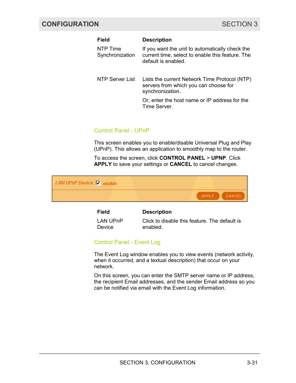 Control panel ˚ upnp, Control panel ˚ event log | Motorola BR700 User Manual | Page 62 / 78