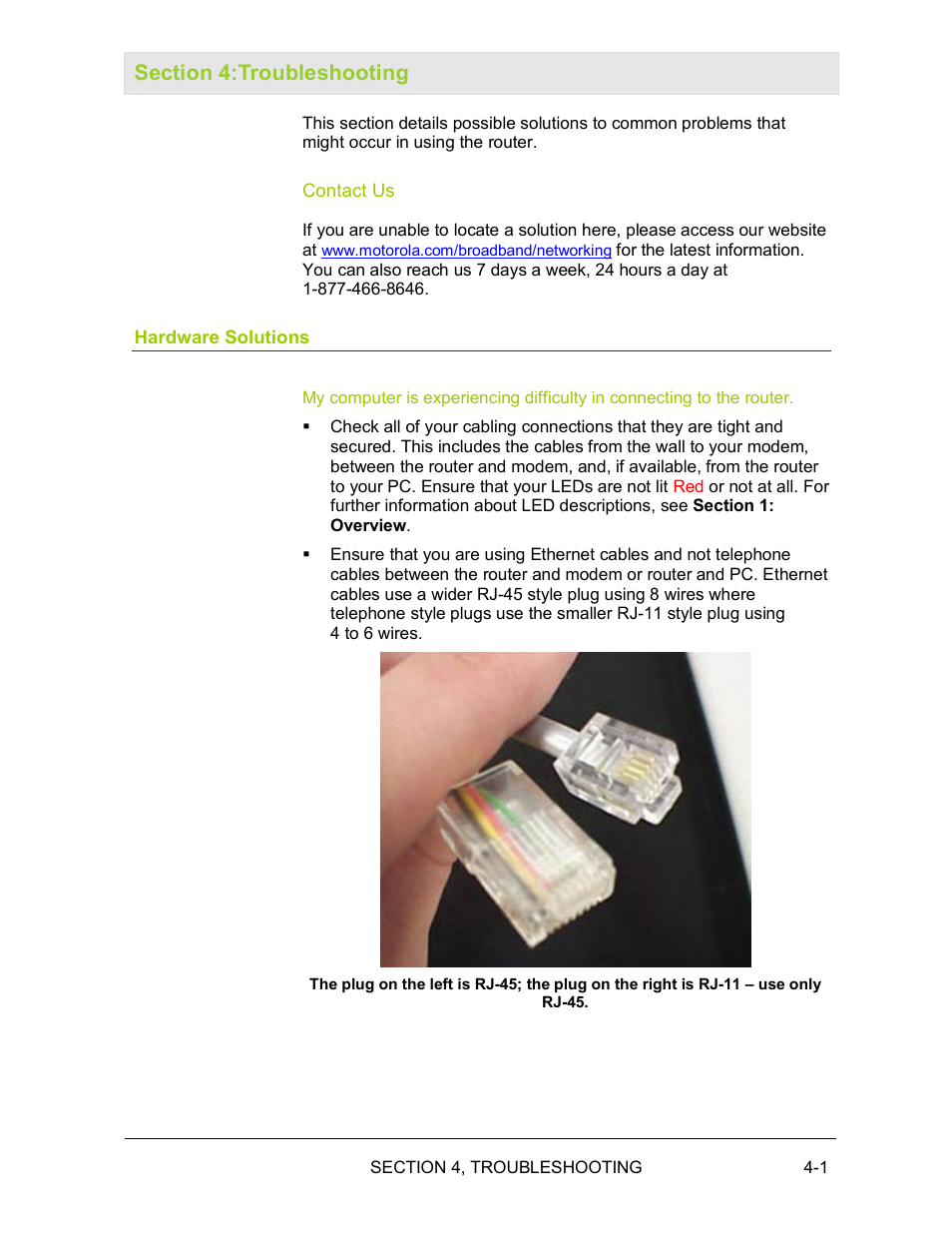 Section 4:troubleshooting, Contact us, Hardware solutions | Motorola BR700 User Manual | Page 64 / 78