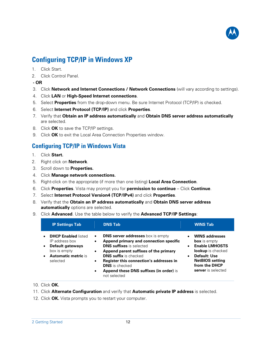 Configuring tcp/ip in windows xp, Configuring tcp/ip in windows vista | Motorola SB5101N DOCSIS 2.0 Cable  Modem User Manual | Page 12 / 16