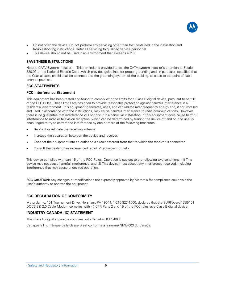 Motorola SB5101N DOCSIS 2.0 Cable  Modem User Manual | Page 5 / 16