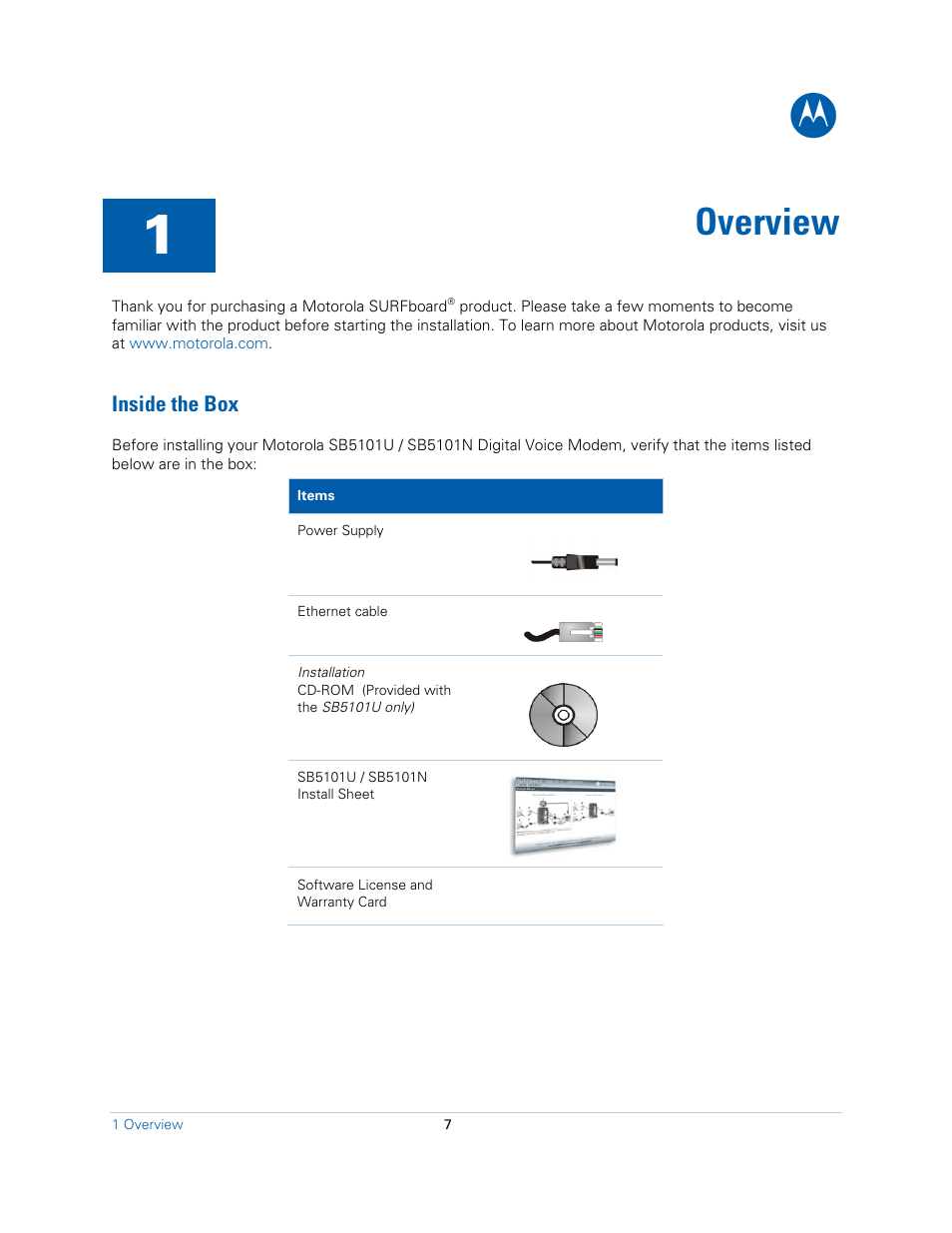 Overview, Inside the box | Motorola SB5101N DOCSIS 2.0 Cable  Modem User Manual | Page 7 / 16