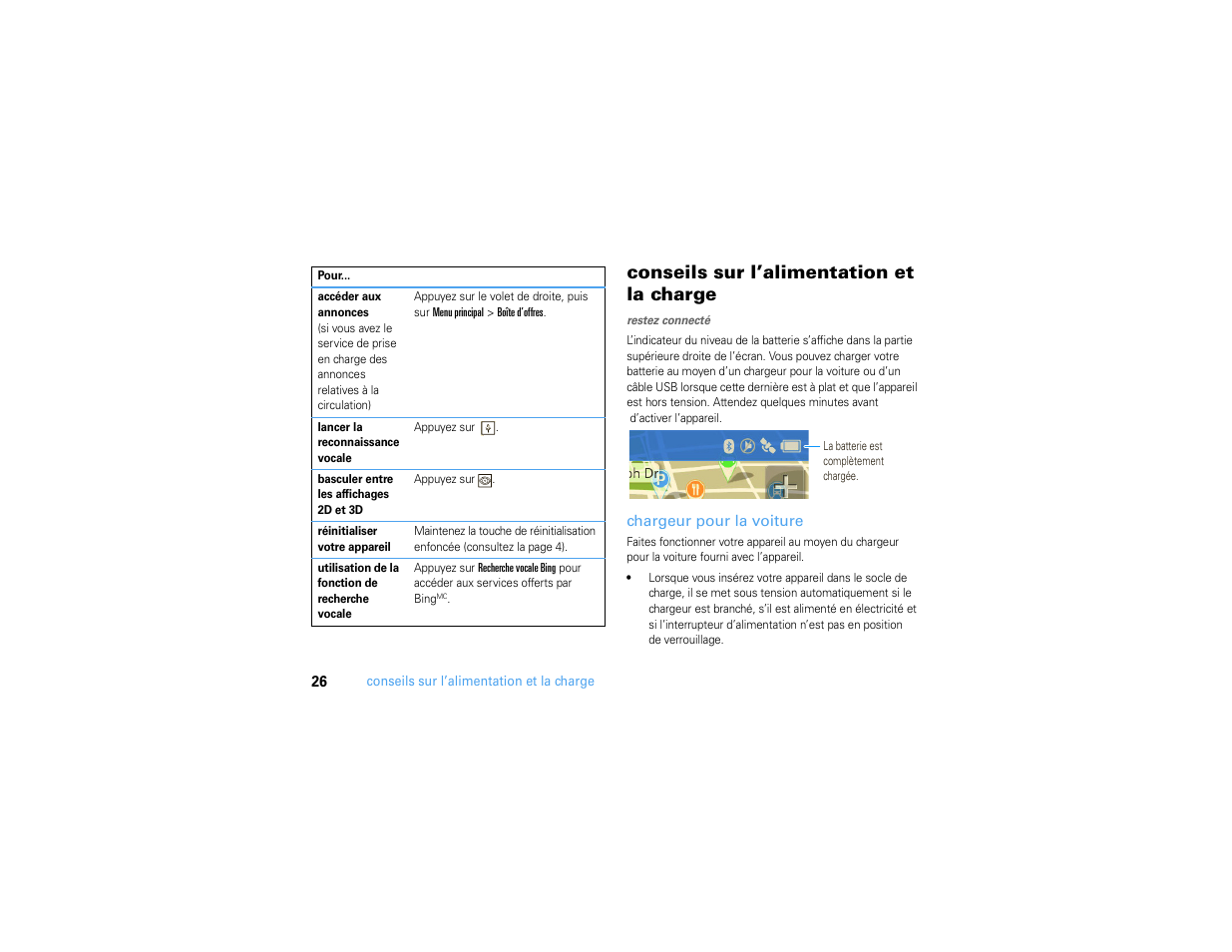 Conseils sur l’alimentation et la charge, Chargeur pour la voiture | Motorola MOTONAV TN500 User Manual | Page 102 / 116