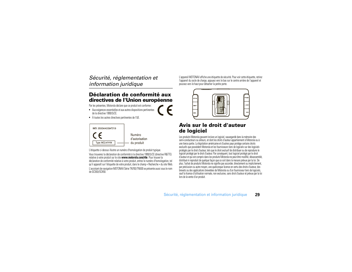 Sécurité, réglementation et information juridique, Avis sur le droit d'auteur de logiciel | Motorola MOTONAV TN500 User Manual | Page 105 / 116