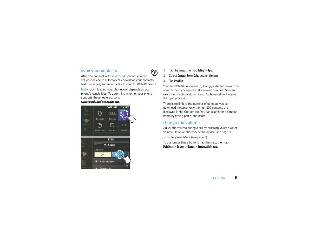 Sync your contacts, Change the volume | Motorola MOTONAV TN500 User Manual | Page 11 / 116