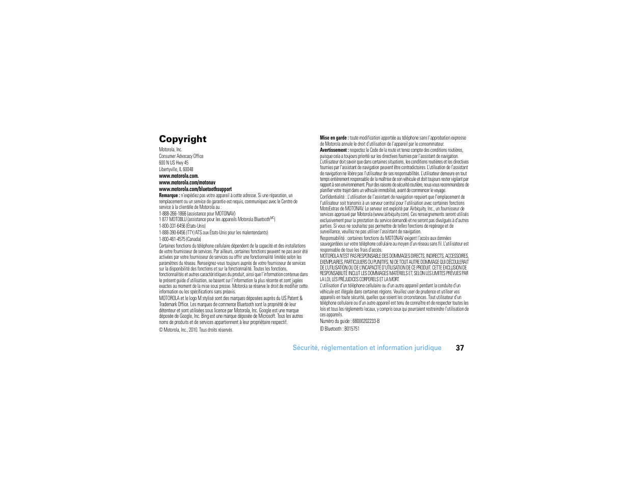 Copyright | Motorola MOTONAV TN500 User Manual | Page 113 / 116